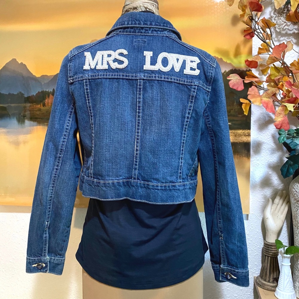 Caché Denim Jacket Bridal Aesthetic Pearl Women Mrs Love Pearl Patch 10 Blue